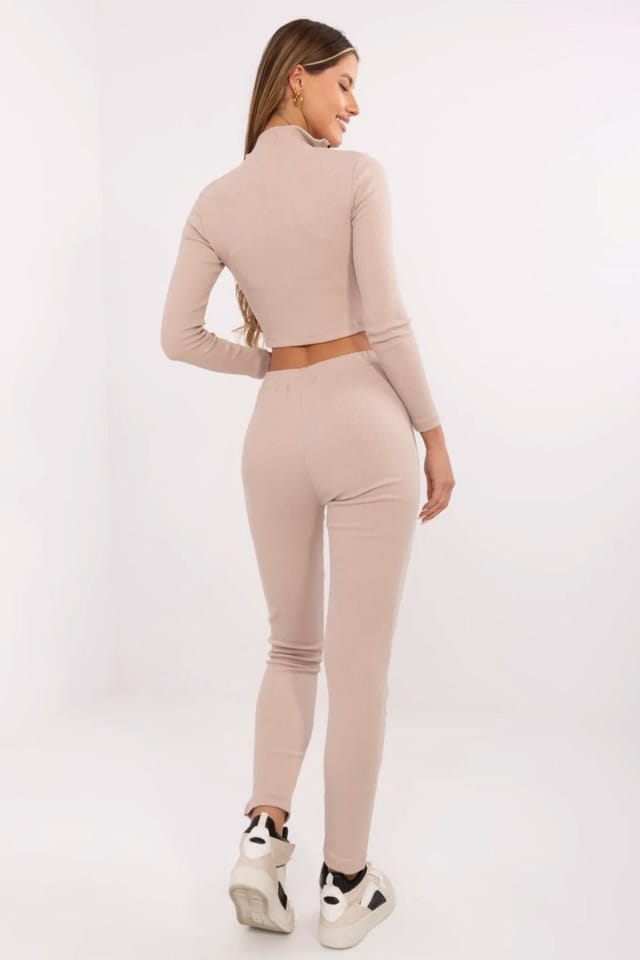 Love Lace Love Lace Women's Ribbed Casual Zip Blouse Tapered Trousers Set in Beige - 2