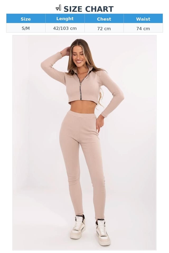 Love Lace Love Lace Women's Ribbed Casual Zip Blouse Tapered Trousers Set in Beige - 3