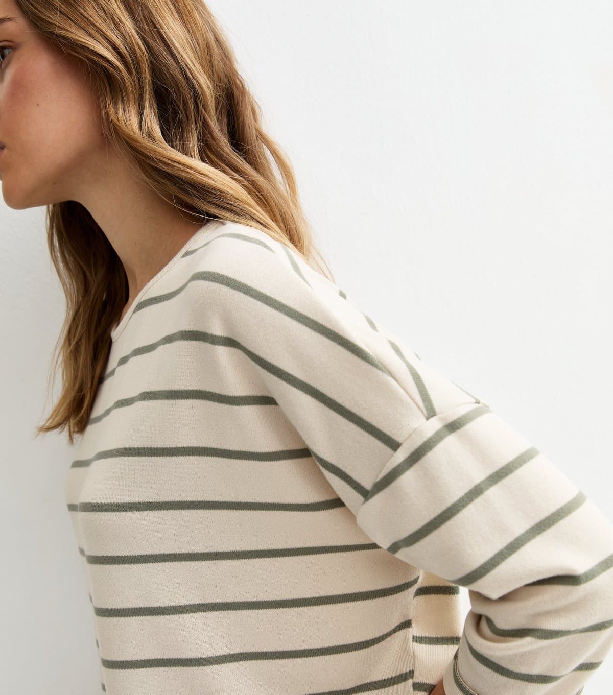 New Look Women's Green Striped Cropped Sleeve Oversized Top New Look