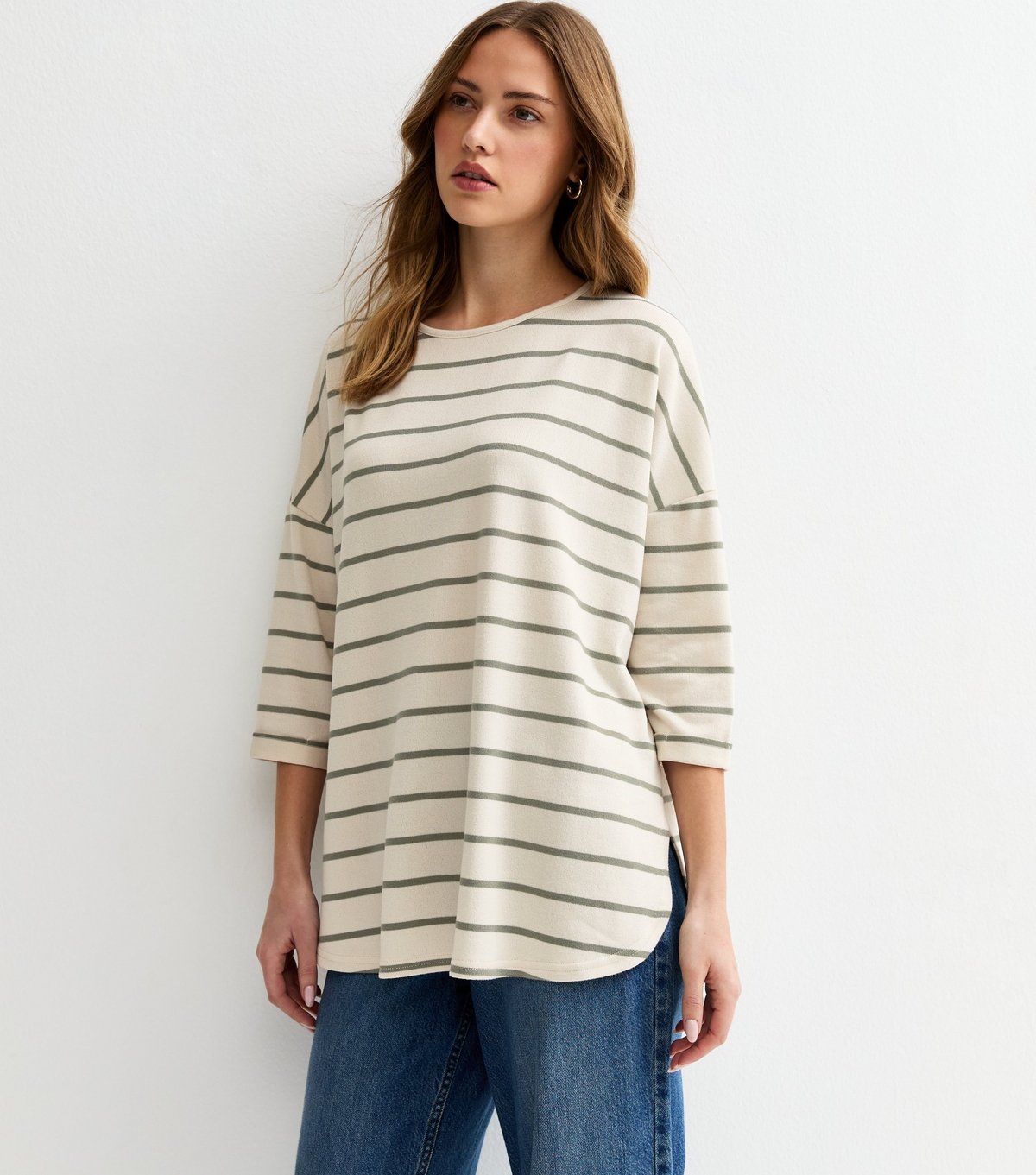 New Look Women's Green Striped Cropped Sleeve Oversized Top New Look - 2