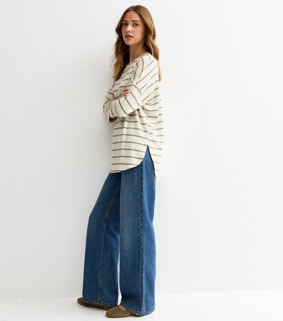 New Look Women's Green Striped Cropped Sleeve Oversized Top New Look - 3