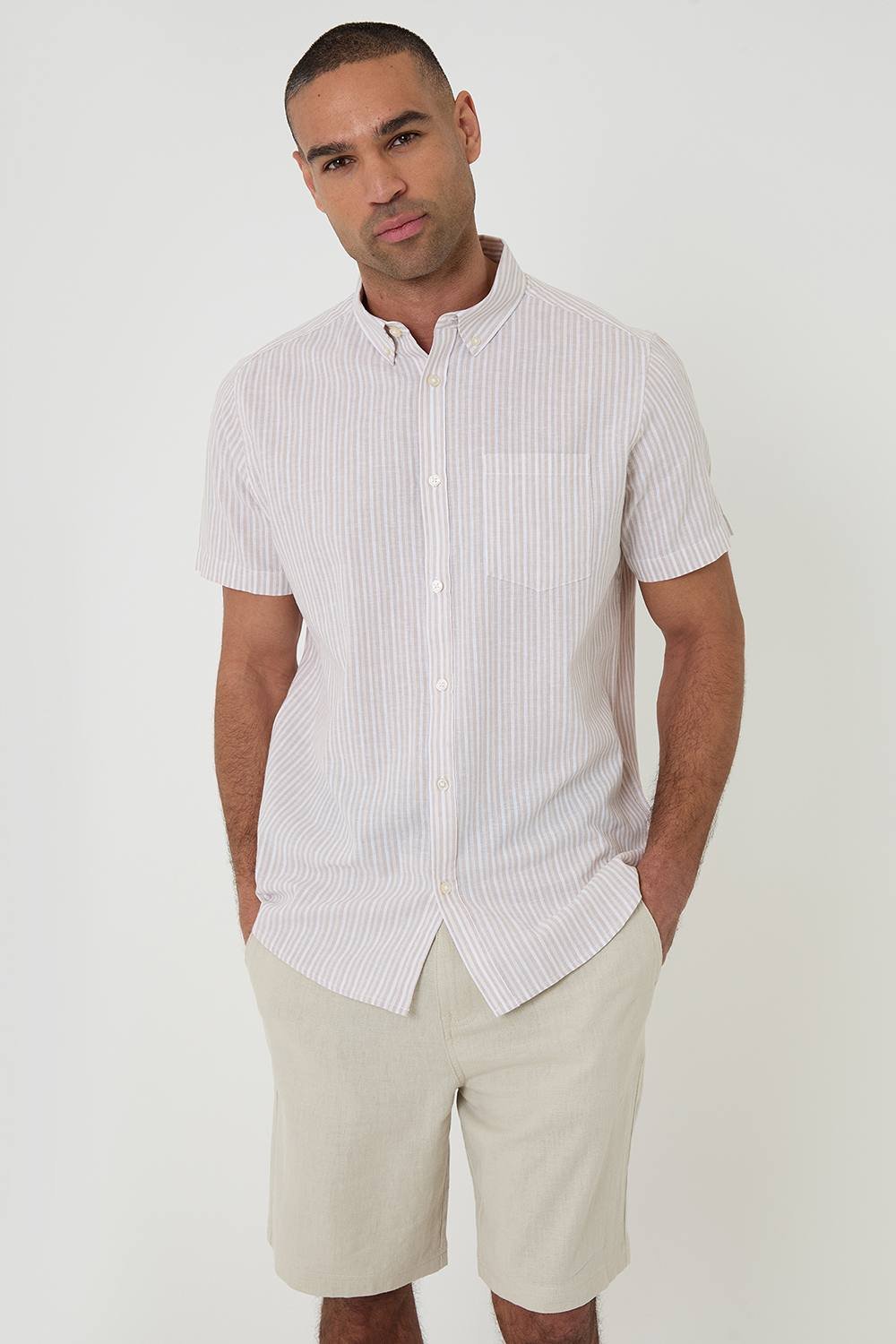 Threadbare Threadbare Men's Stripe Linen Cotton Blend Short Sleeve Shirt in Stone - 3