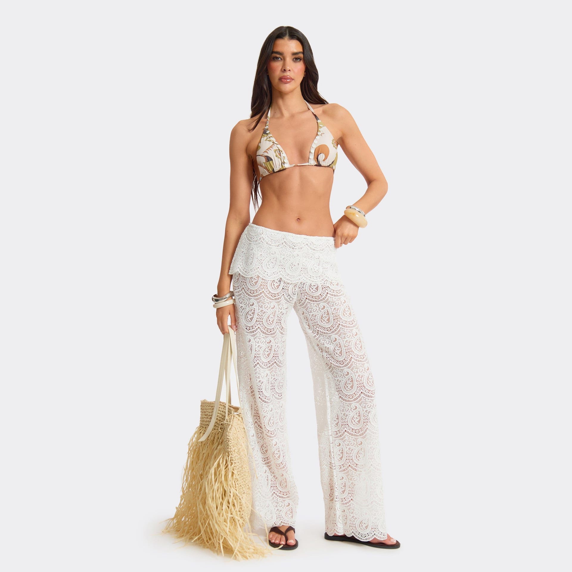 EGO White Paisley Crochet Fold Over Waist Trousers