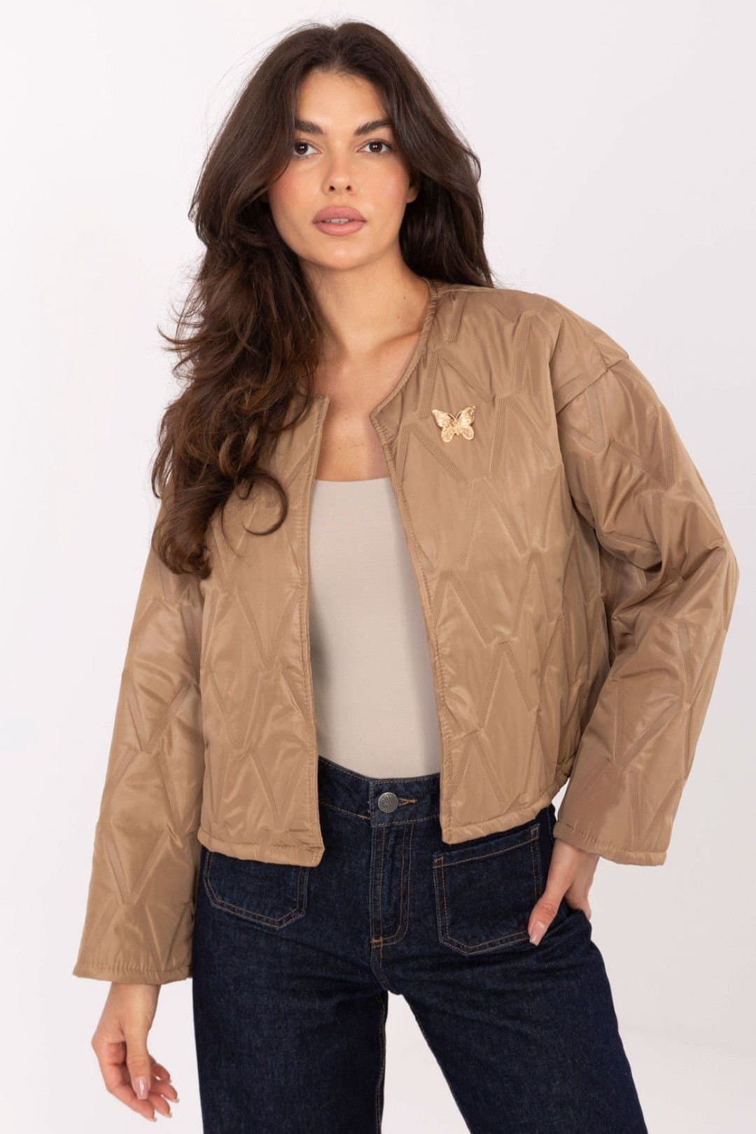 Love Lace Love Lace Women's Quilted Transitional Jacket with Brooch in Brown
