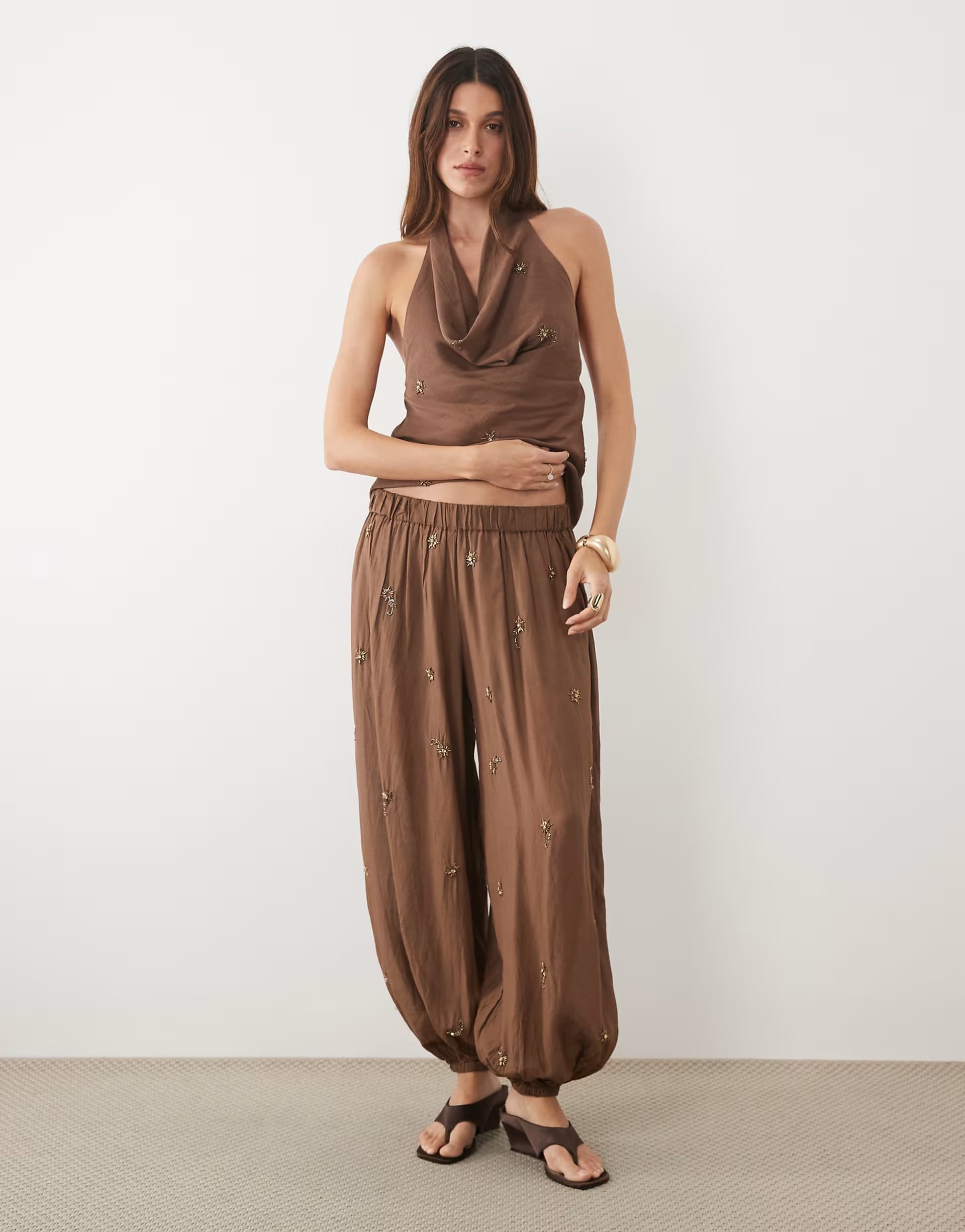 ASOS Mango Soliel embellished cuffed trouser co-ord in brown