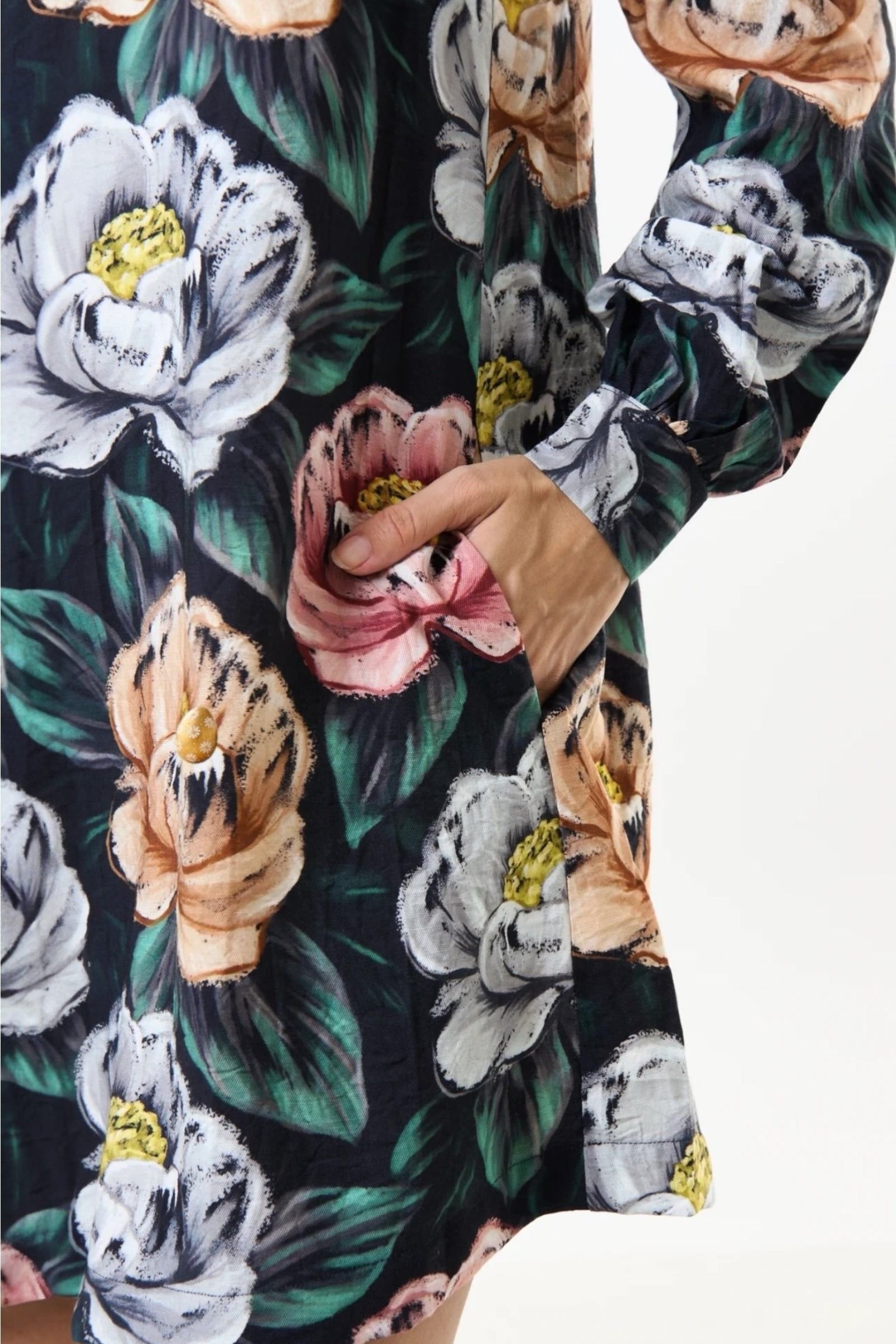 Louche Louche Women's Didee Peonies Long Sleeve A-line Mini Dress - Black - 4