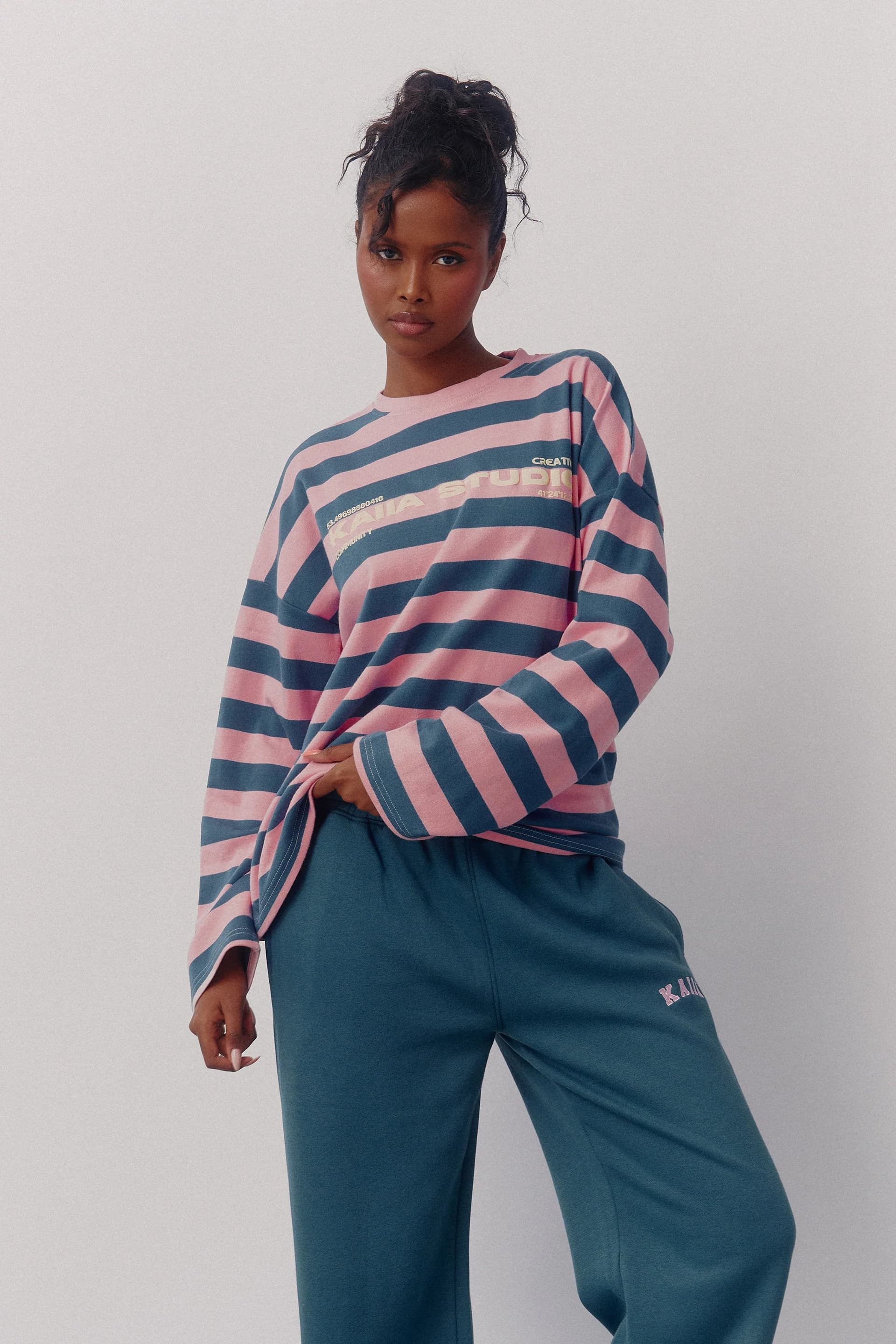 Kaiia Kaiia Graphic Striped Oversized T-shirt Deep Teal & Pink