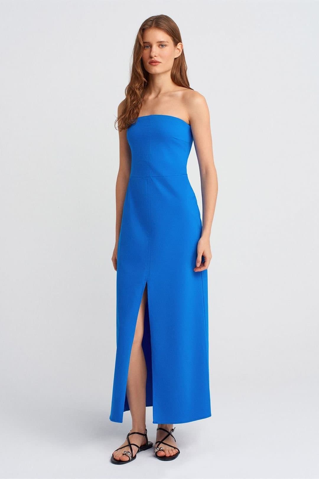Dilvin Dilvin Women's Strapless Fitted Midi Dress With Slit in Cobalt