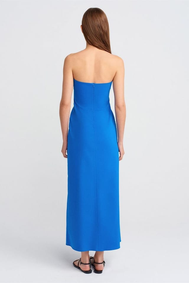 Dilvin Dilvin Women's Strapless Fitted Midi Dress With Slit in Cobalt - 2