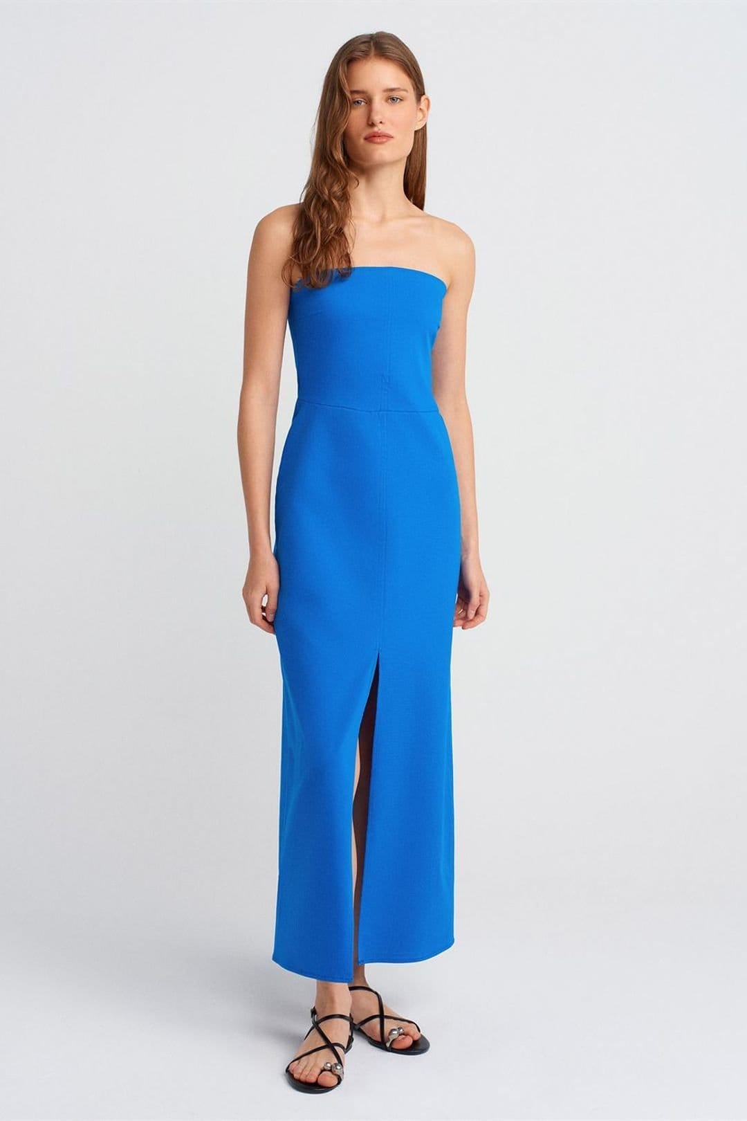 Dilvin Dilvin Women's Strapless Fitted Midi Dress With Slit in Cobalt - 4