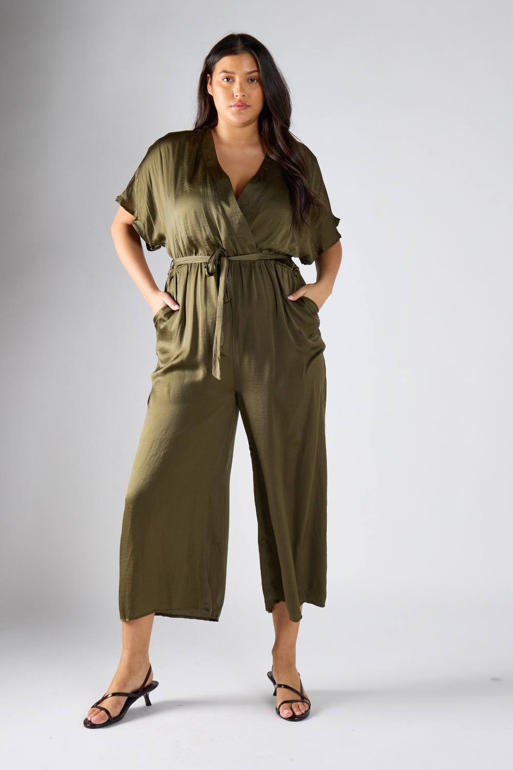 Shnoo Shnoo Women's Belted Wrap Jumpsuit in Khaki - 3