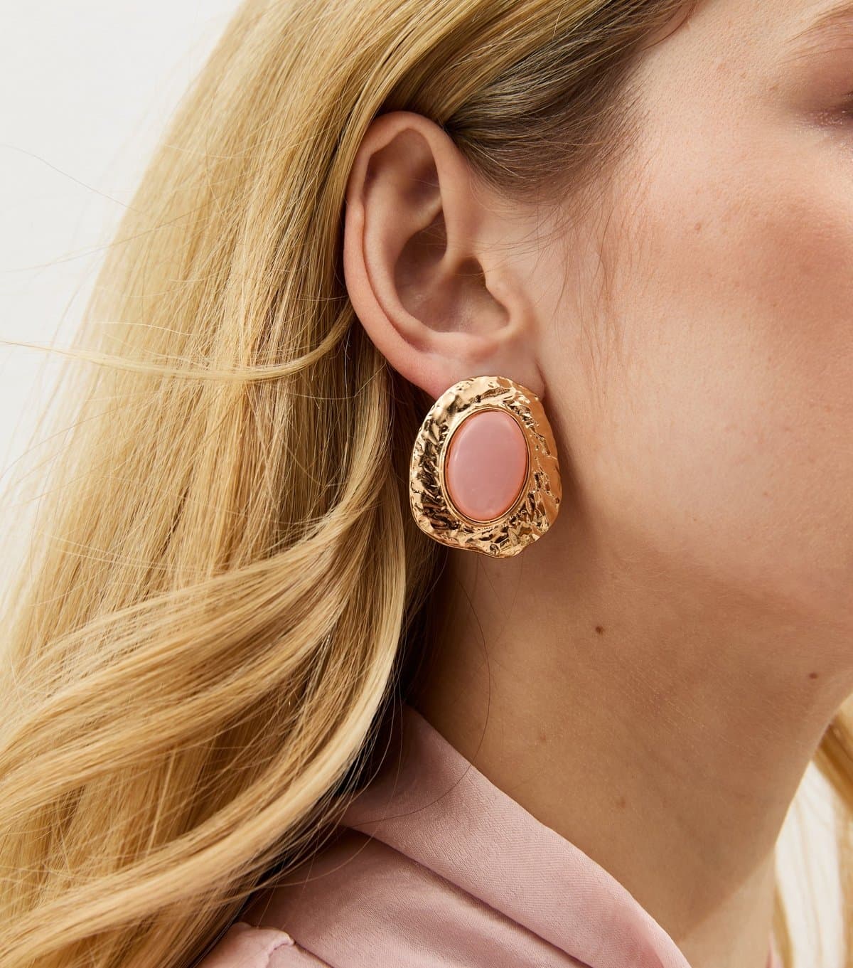 New Look New Look Gold Tone Pink Textured Oval Stud Earrings