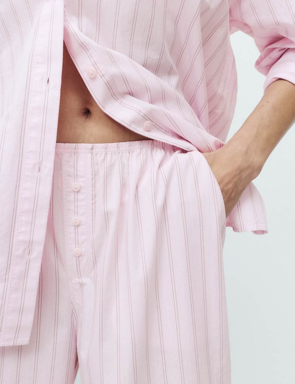 Marks & Spencer M&S Pure Cotton Poplin Striped Pyjama Bottoms Light Pink Mix