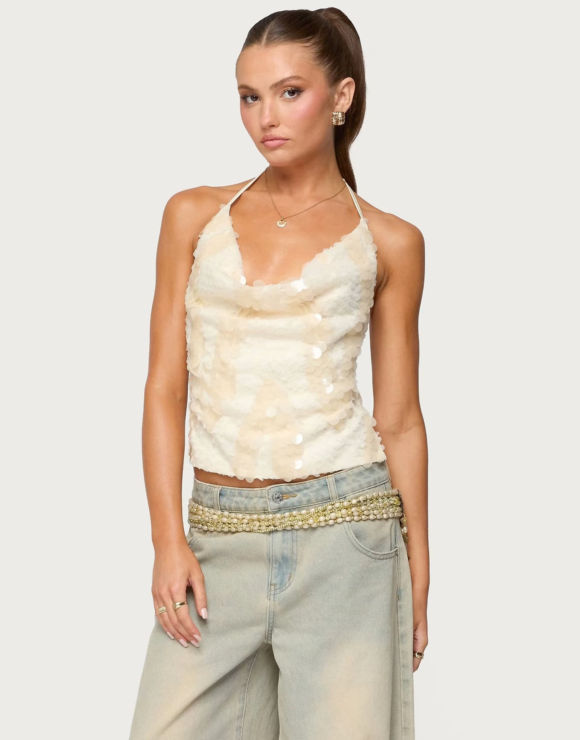 ASOS Edikted Reid backless sequin cowl neck top in cream