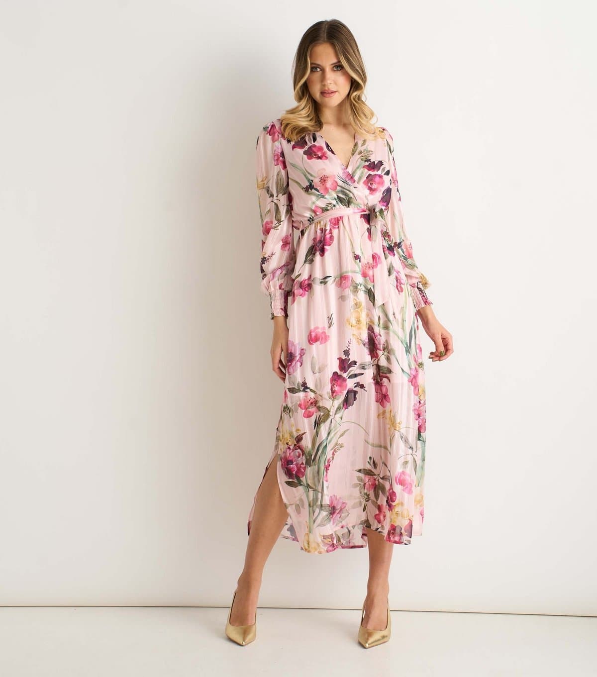 Gini London Women's Light Pink Wrap Floral Midi Dress Gini London New Look