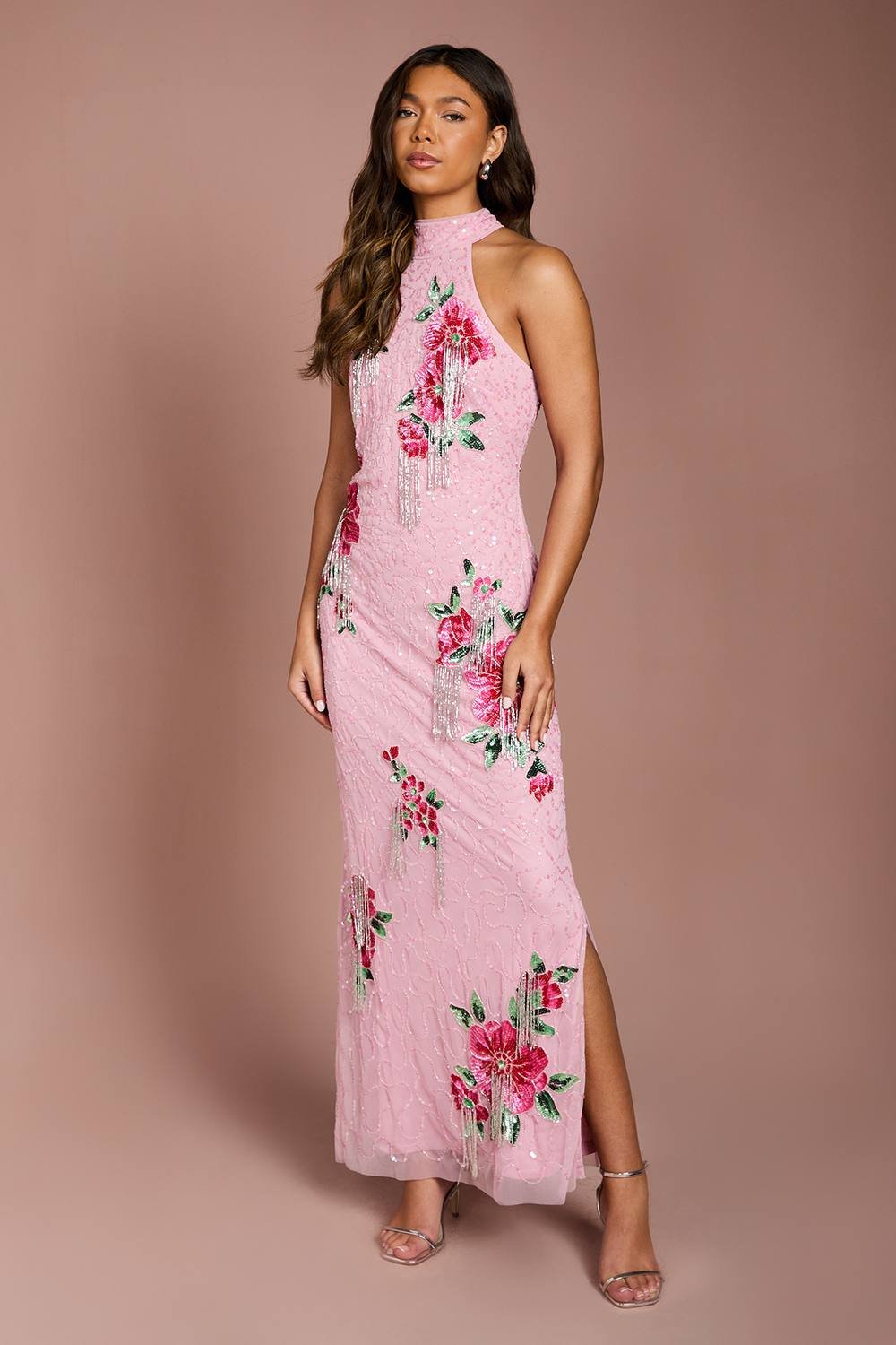 Coast Coast Women's High Neck Floral Sequin Maxi Dress in Pink - 2