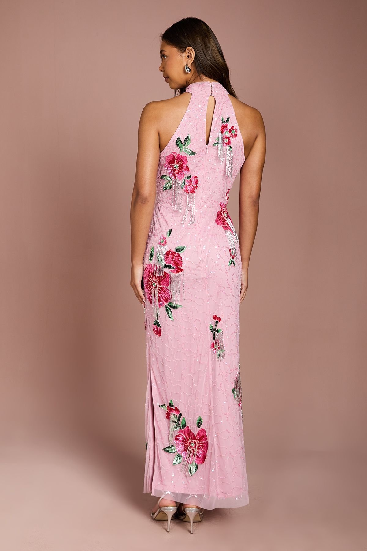 Coast Coast Women's High Neck Floral Sequin Maxi Dress in Pink - 3