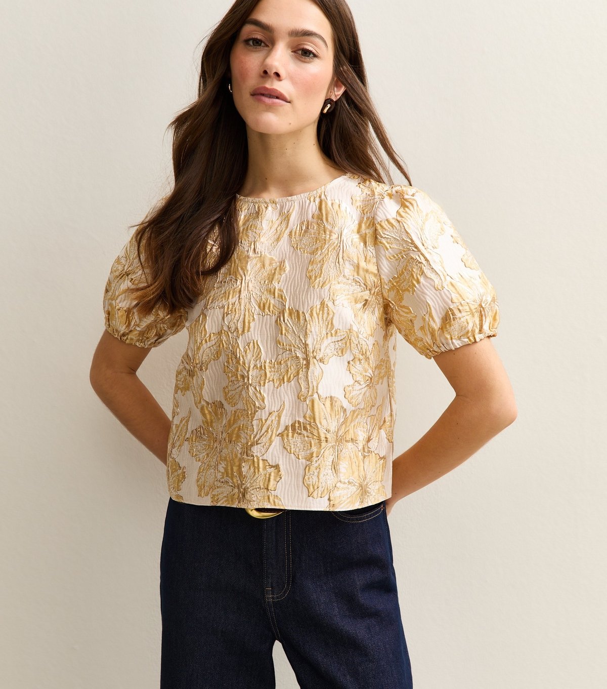New Look Women's Petite Gold Floral Jacquard Puff Sleeve Top New Look - 2
