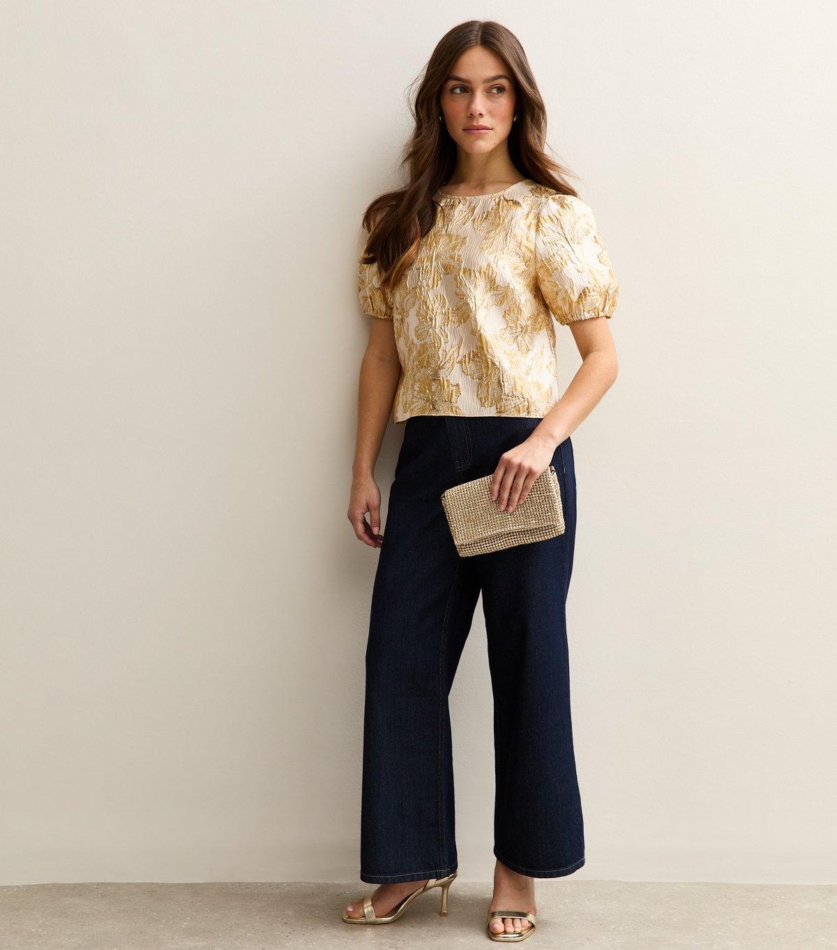 New Look Women's Petite Gold Floral Jacquard Puff Sleeve Top New Look - 3
