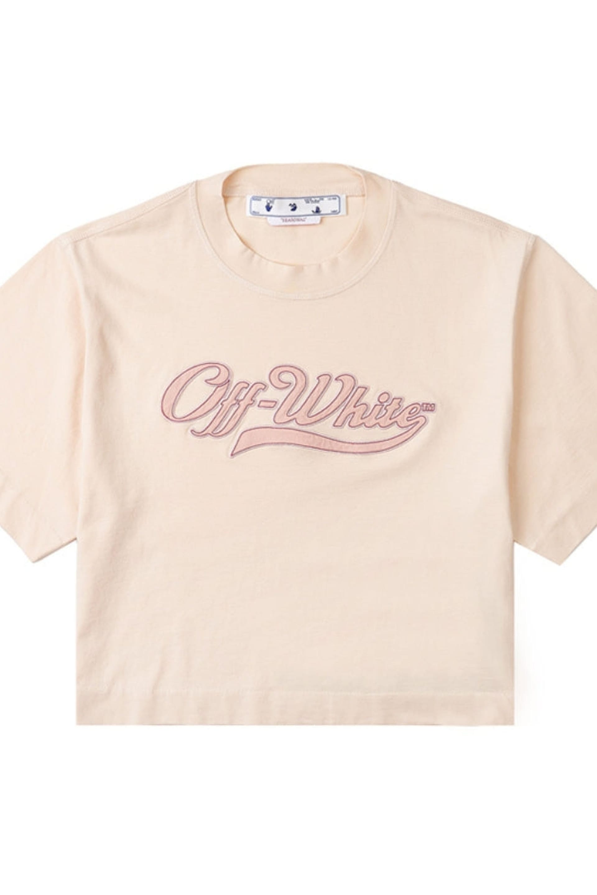 Off-White Beige Embroidered Baseball Logo Crop T-Shirt