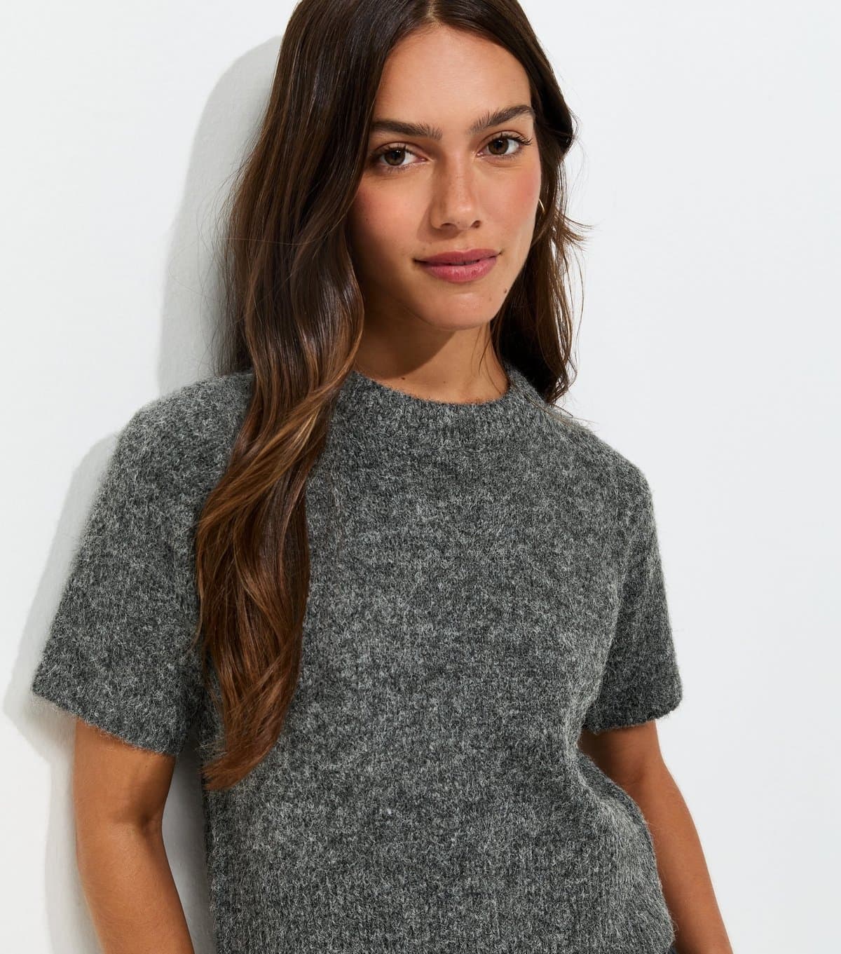 New Look Women's Petite Dark Grey Brushed Knit Short Sleeve Top New Look