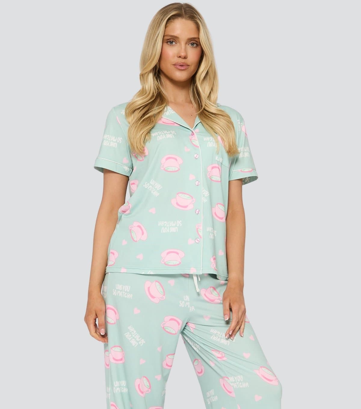 Loungeable Women's Loungeable Green Love You So Matcha Print Pyjama Set Loungeable New Look