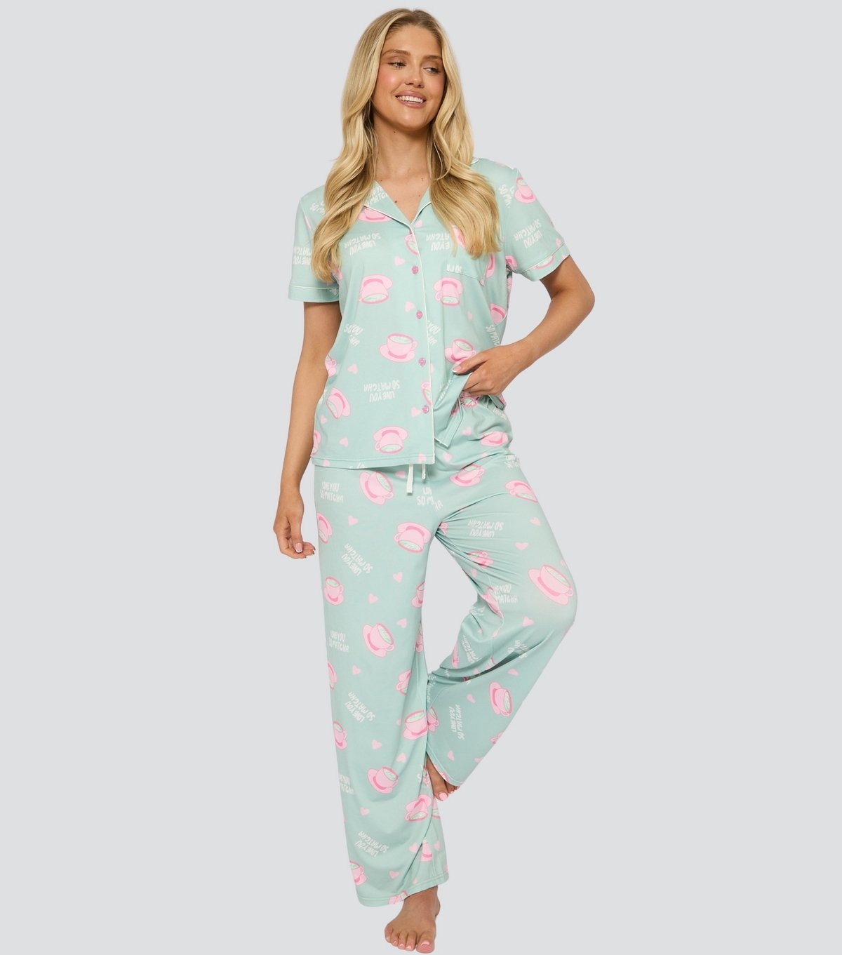 Loungeable Women's Loungeable Green Love You So Matcha Print Pyjama Set Loungeable New Look - 2