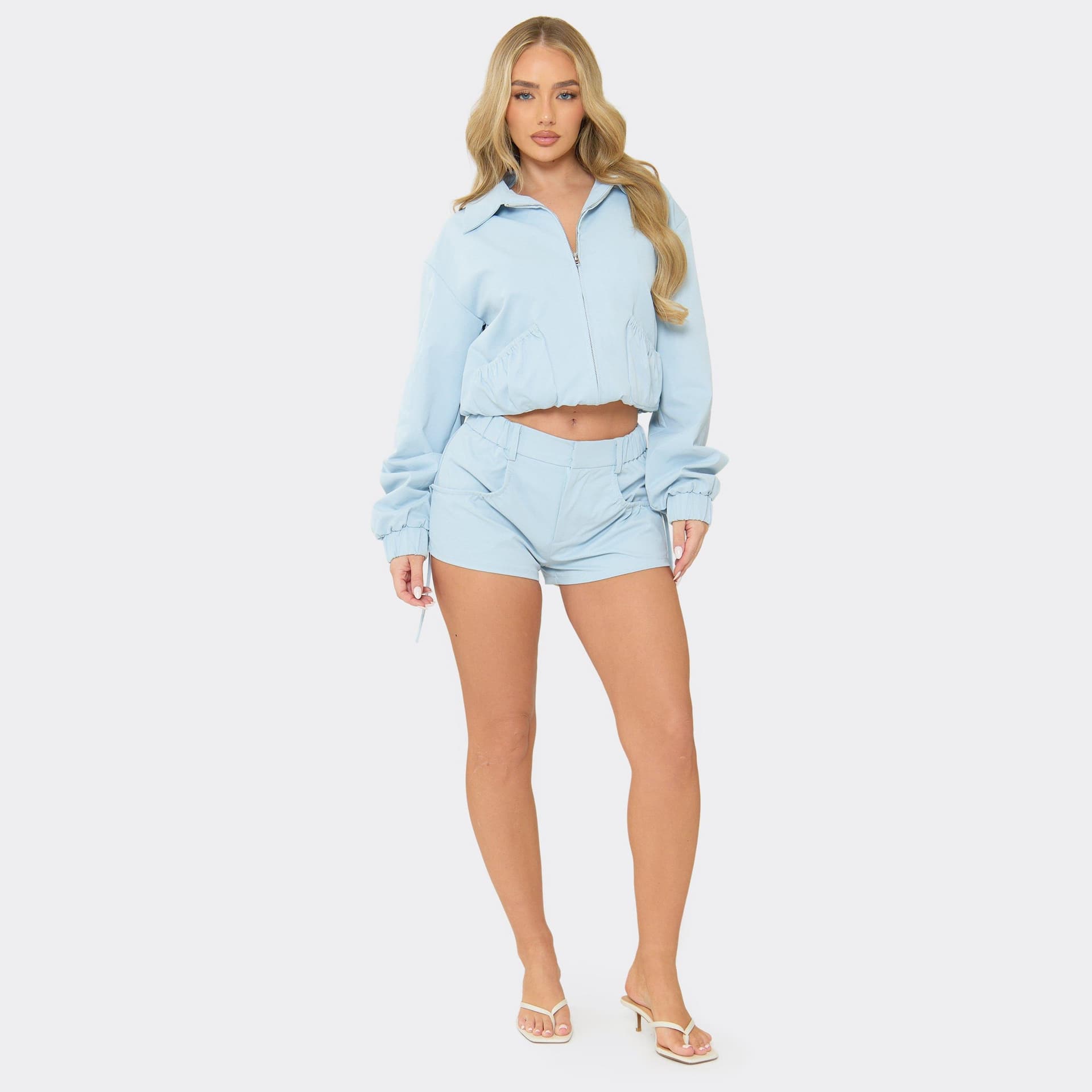 EGO Mid Rise Ruched Pocket Detail Mini Shorts In Blue, Women's Size UK 6