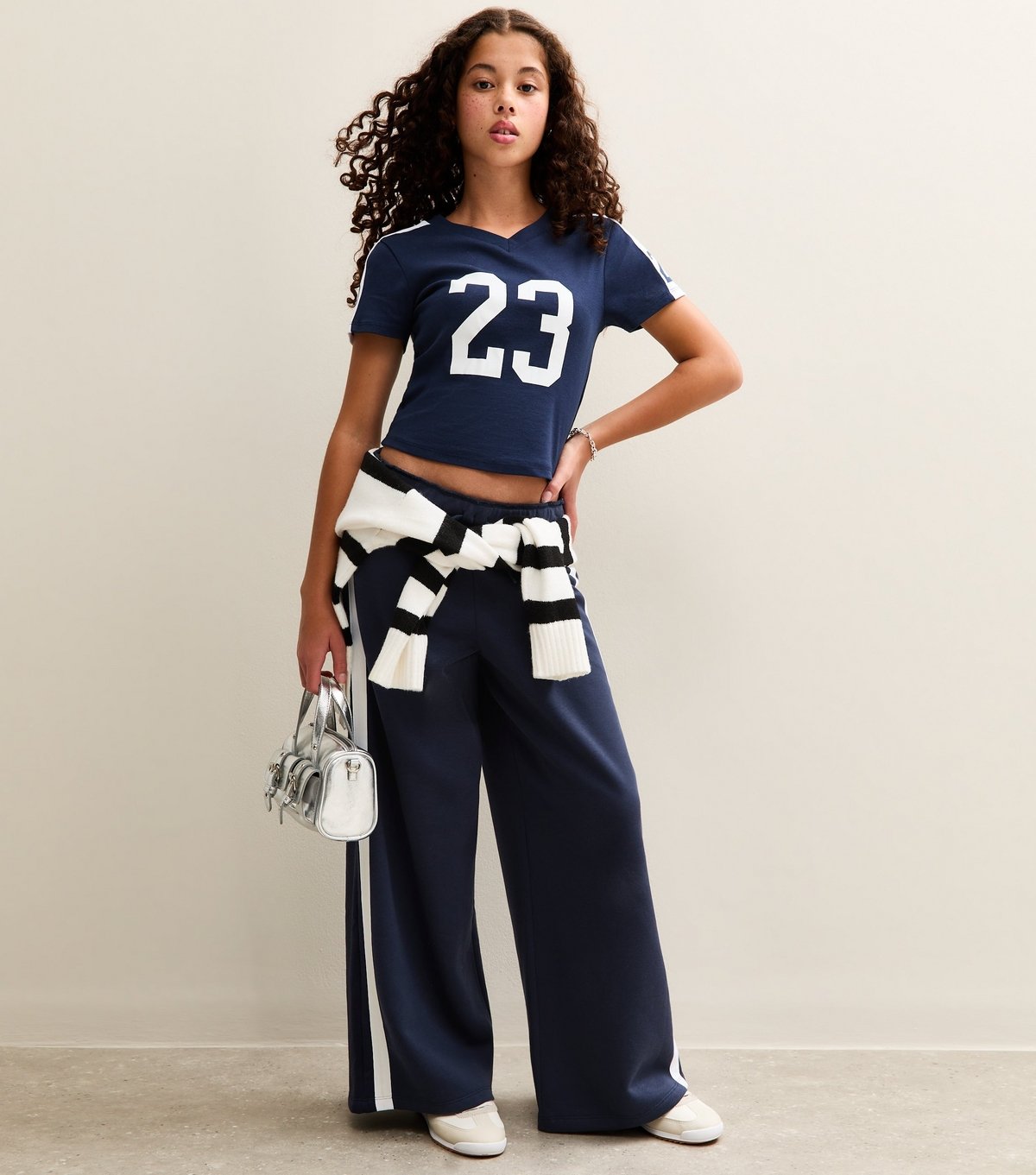 New Look Girls' Navy Contrast Trim Super Wide Leg Joggers New Look - 1