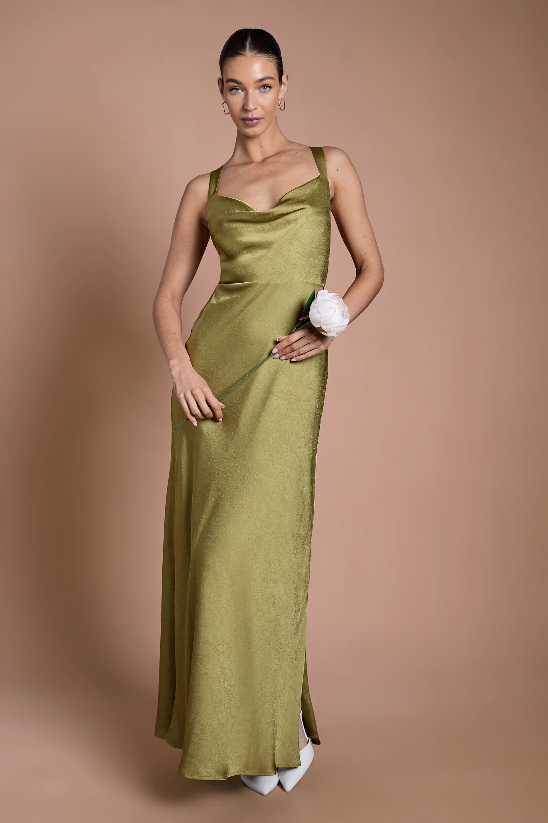 Oasis Oasis Women's Olive Cross Shoulder Tie Back Satin Maxi Bridesmaid Dress