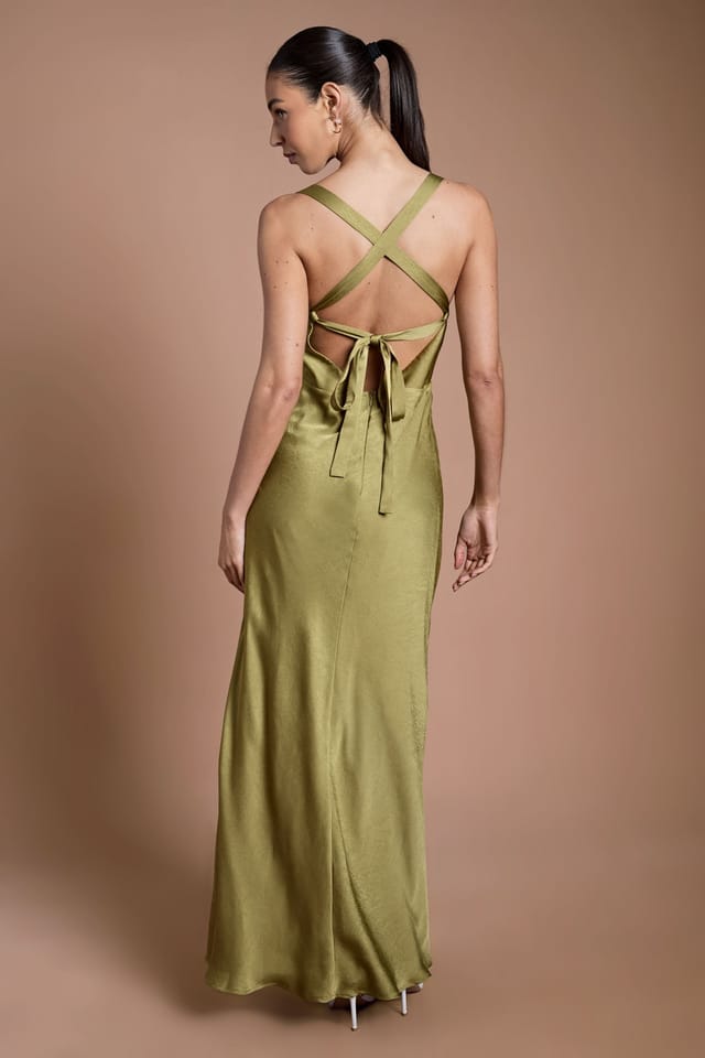 Oasis Oasis Women's Olive Cross Shoulder Tie Back Satin Maxi Bridesmaid Dress - 3