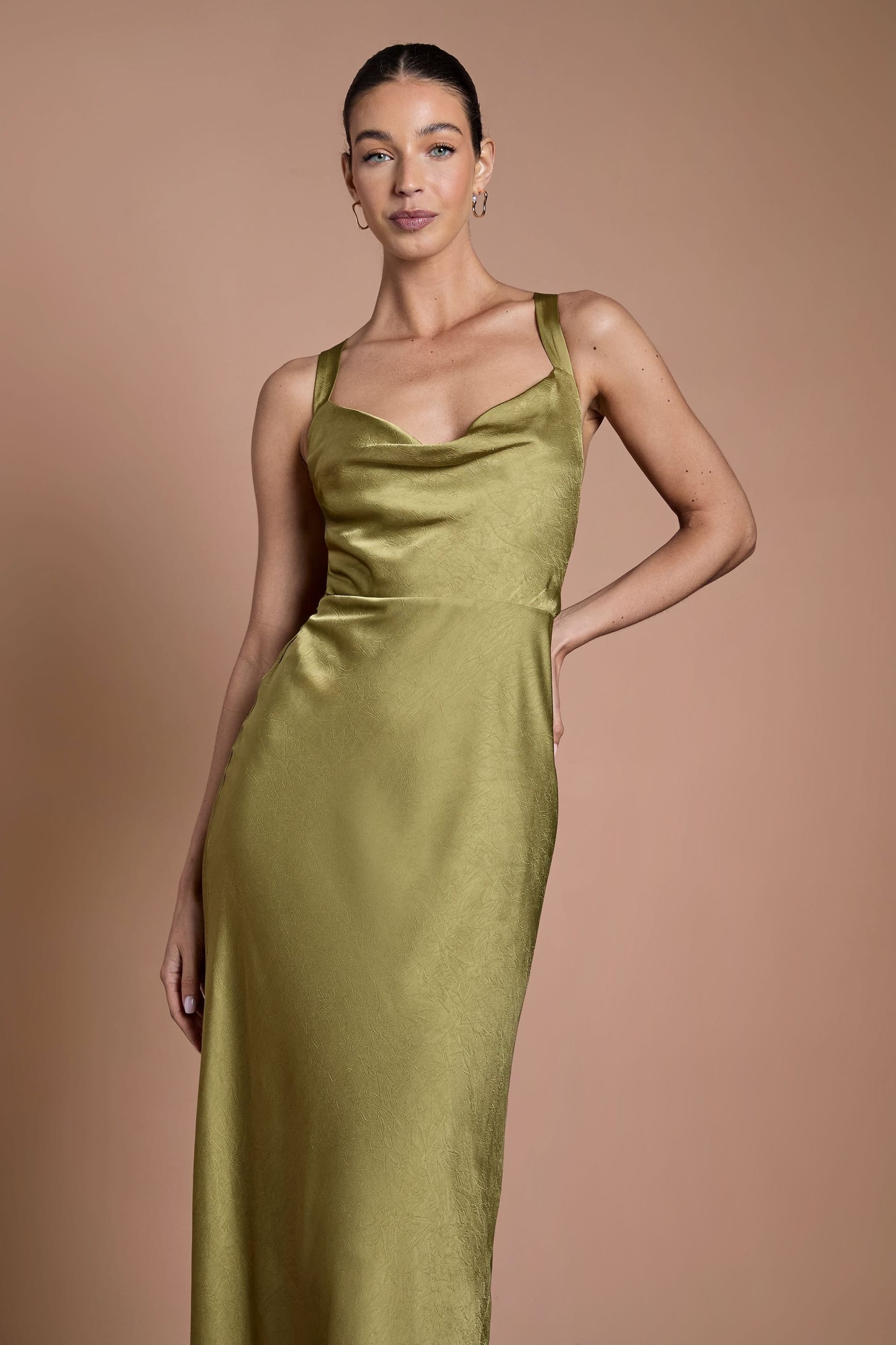 Oasis Oasis Women's Olive Cross Shoulder Tie Back Satin Maxi Bridesmaid Dress - 4