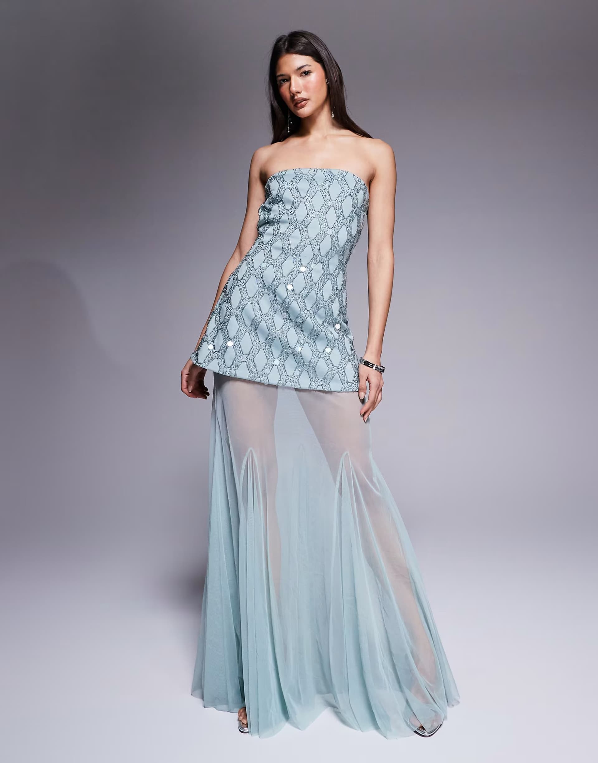 ASOS ASOS DESIGN Premium cutwork embellished structured maxi dress with sheer full skirt in blue