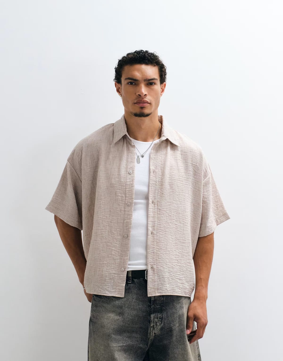 ASOS Reclaimed Vintage short sleeve cropped boxy shirt in mocha - 1