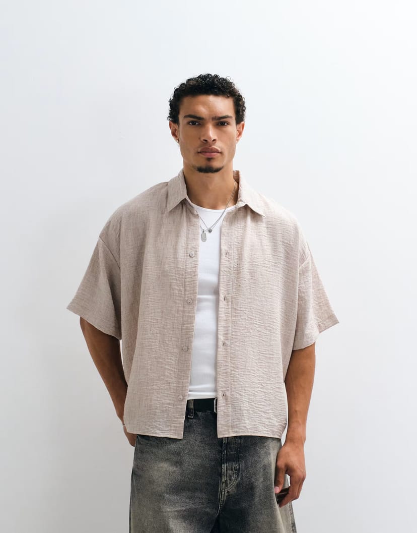 ASOS Reclaimed Vintage short sleeve cropped boxy shirt in mocha - 1