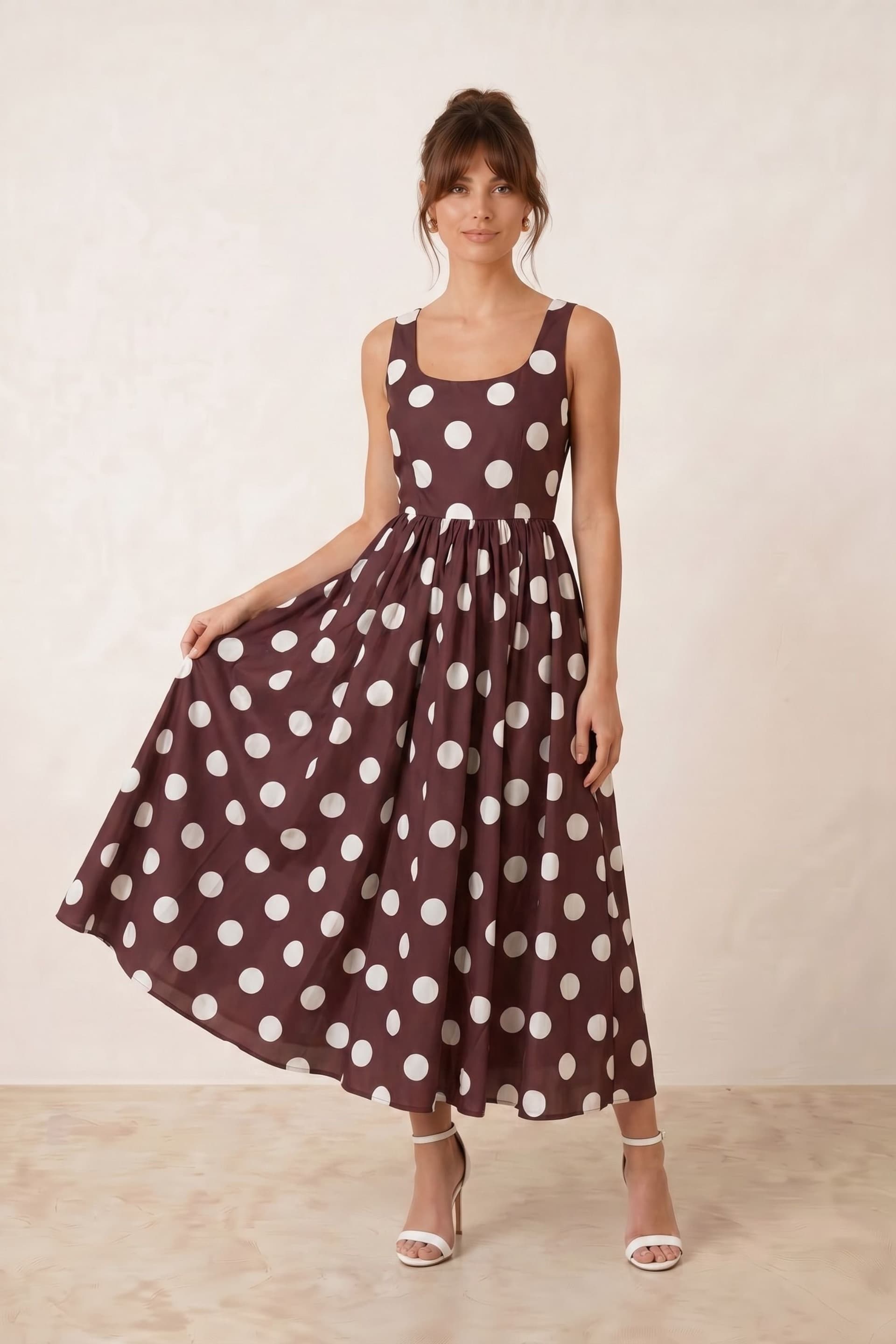 Style Cheat Style Cheat Women's Davica Chocolate Brown Cream Polka Dot Midi Dress