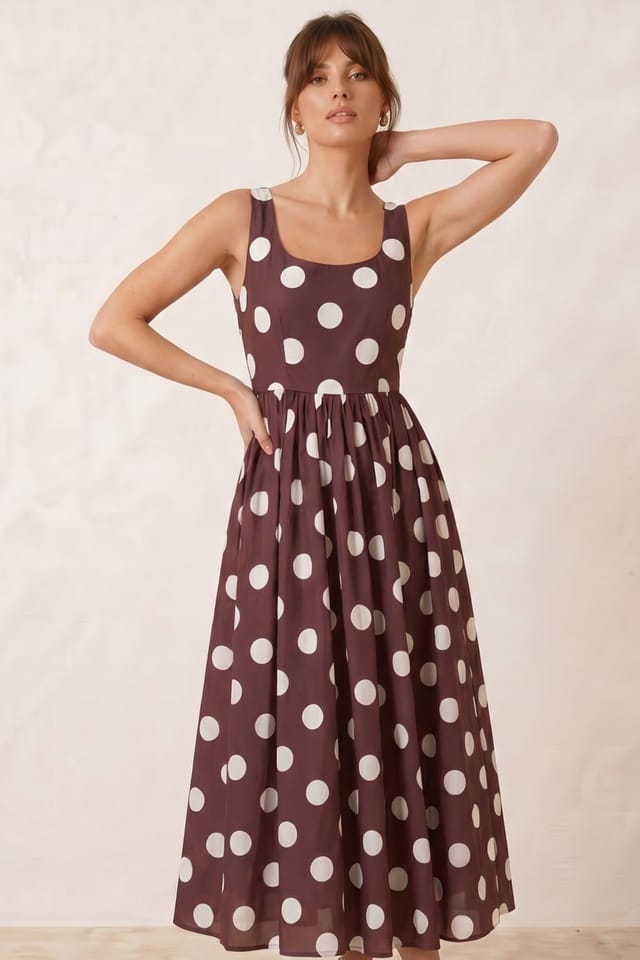 Style Cheat Style Cheat Women's Davica Chocolate Brown Cream Polka Dot Midi Dress - 2