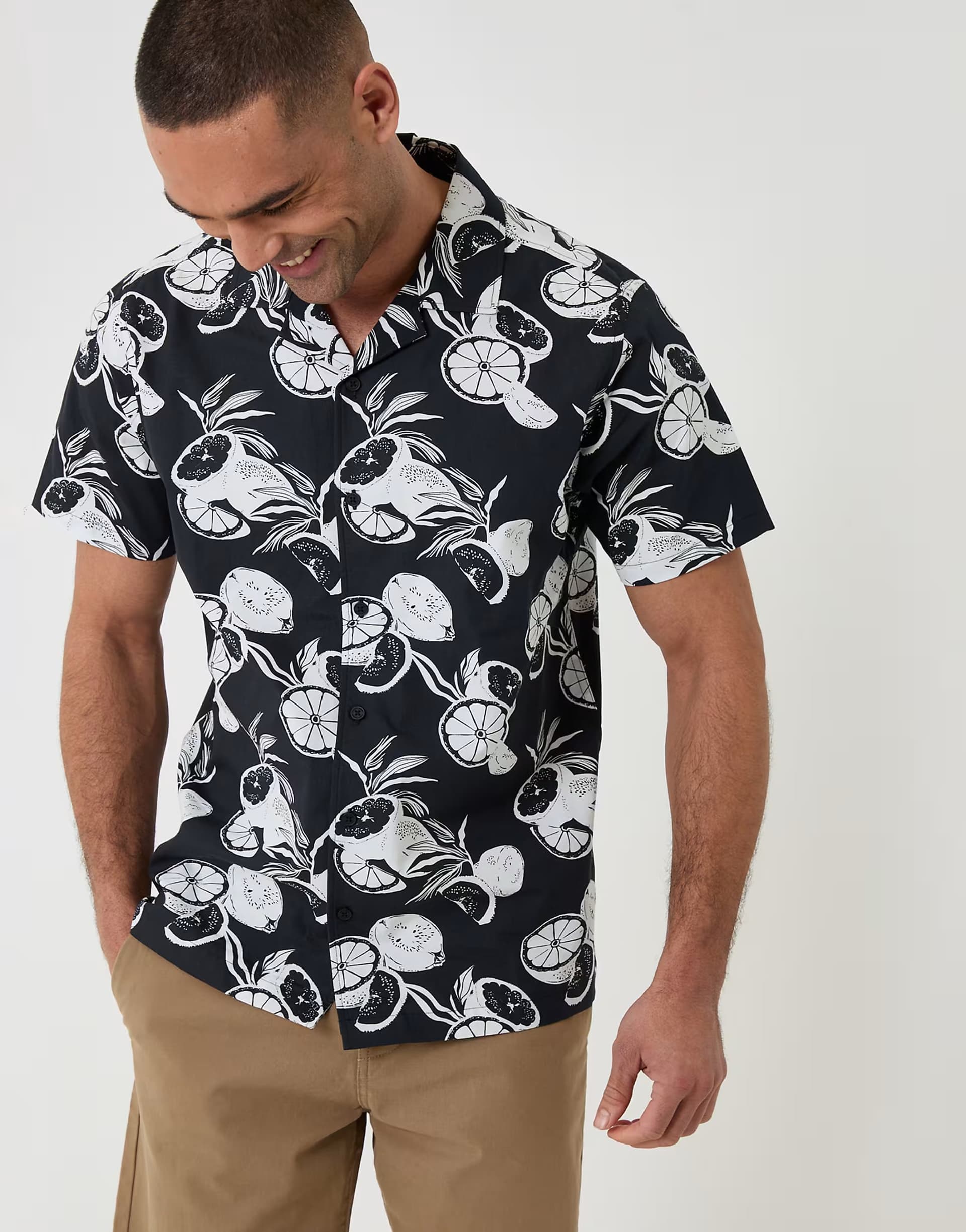 ASOS Threadbare Citrus print cotton short sleeve shirt in black