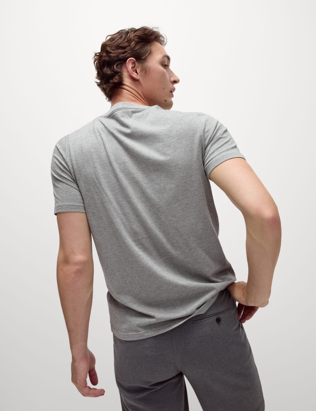 Marks & Spencer M&S Regular Fit Pure Cotton Crew Neck T-Shirt Grey Marl - 3