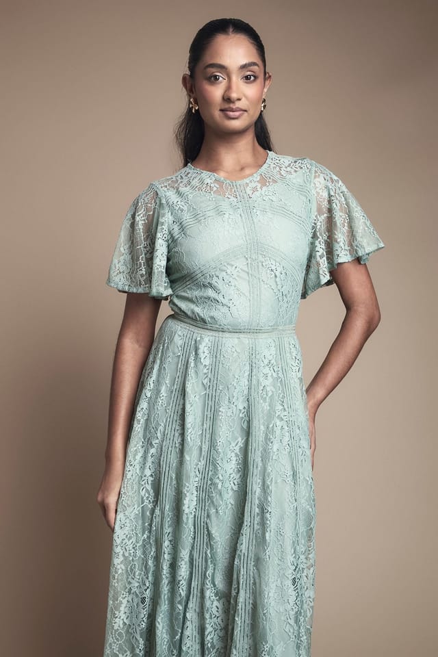 Oasis Oasis Women's Angel Sleeve Lace Bridesmaid Dress in Sage - 2
