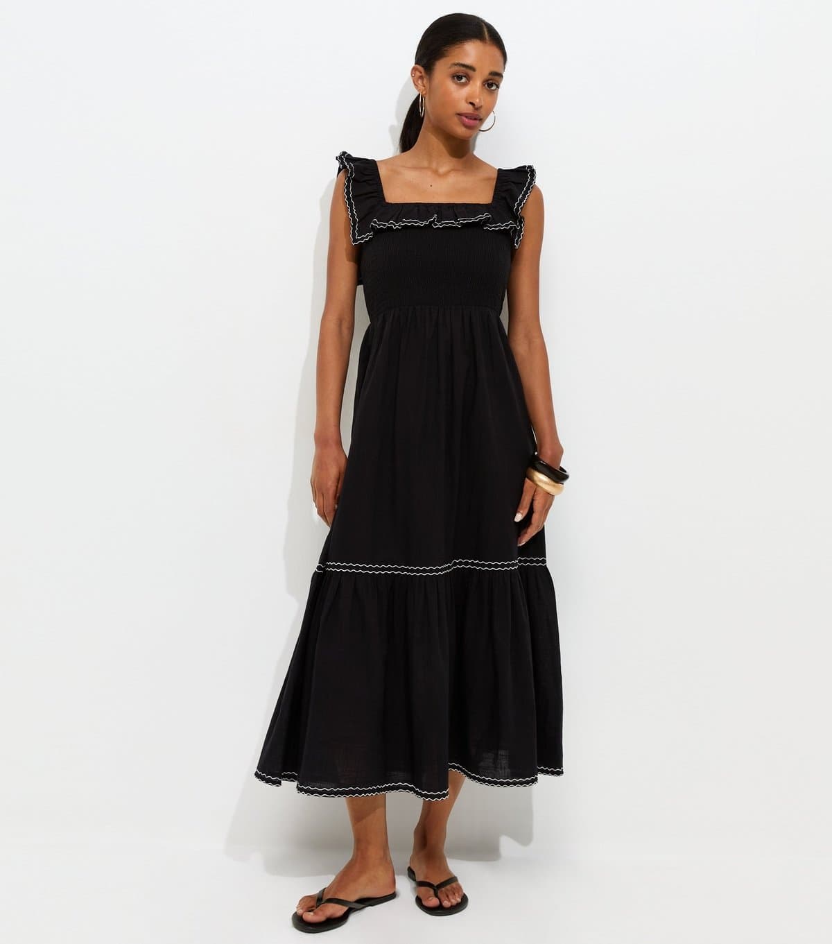 New Look Women's Black Cotton Embroidered Ruffle Trim Midi Dress New Look