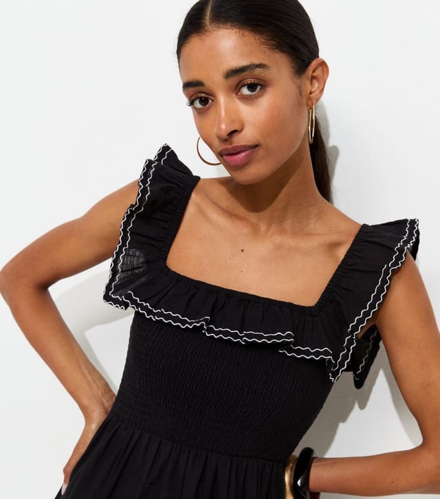 New Look Women's Black Cotton Embroidered Ruffle Trim Midi Dress New Look - 2