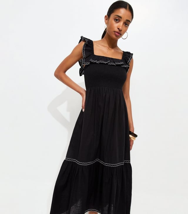 New Look Women's Black Cotton Embroidered Ruffle Trim Midi Dress New Look - 3