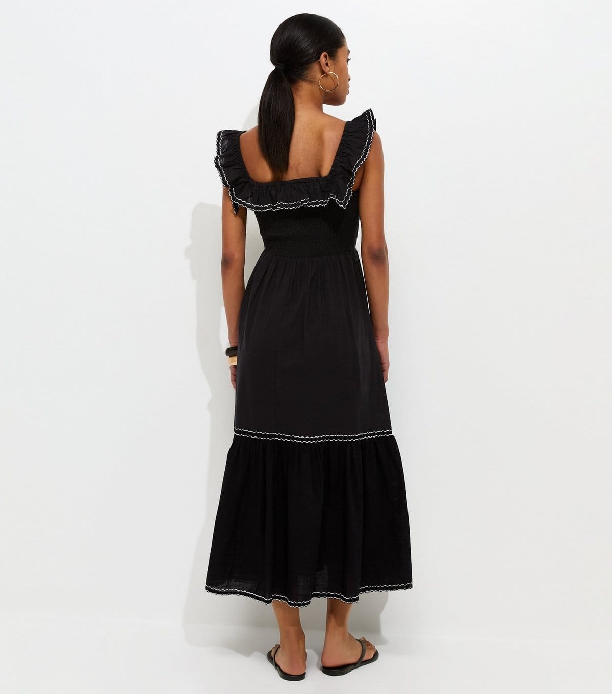 New Look Women's Black Cotton Embroidered Ruffle Trim Midi Dress New Look - 4