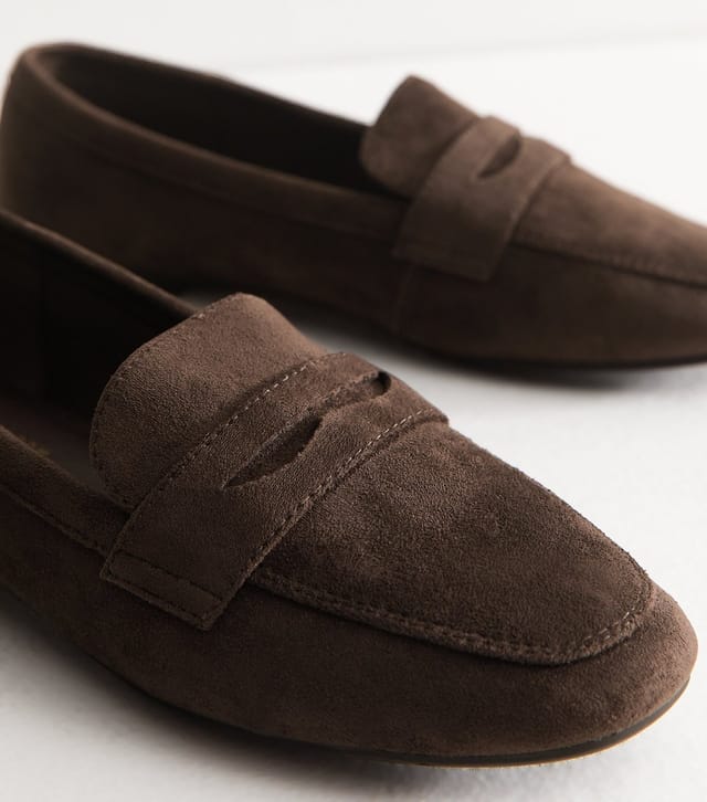 New Look Women's Dark Brown Faux Suede Flat Penny Loafers Vegan New Look - 3