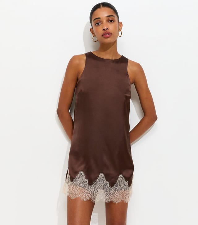 New Look Women's Brown Satin Shift Lace Trim Mini Dress New Look - 3
