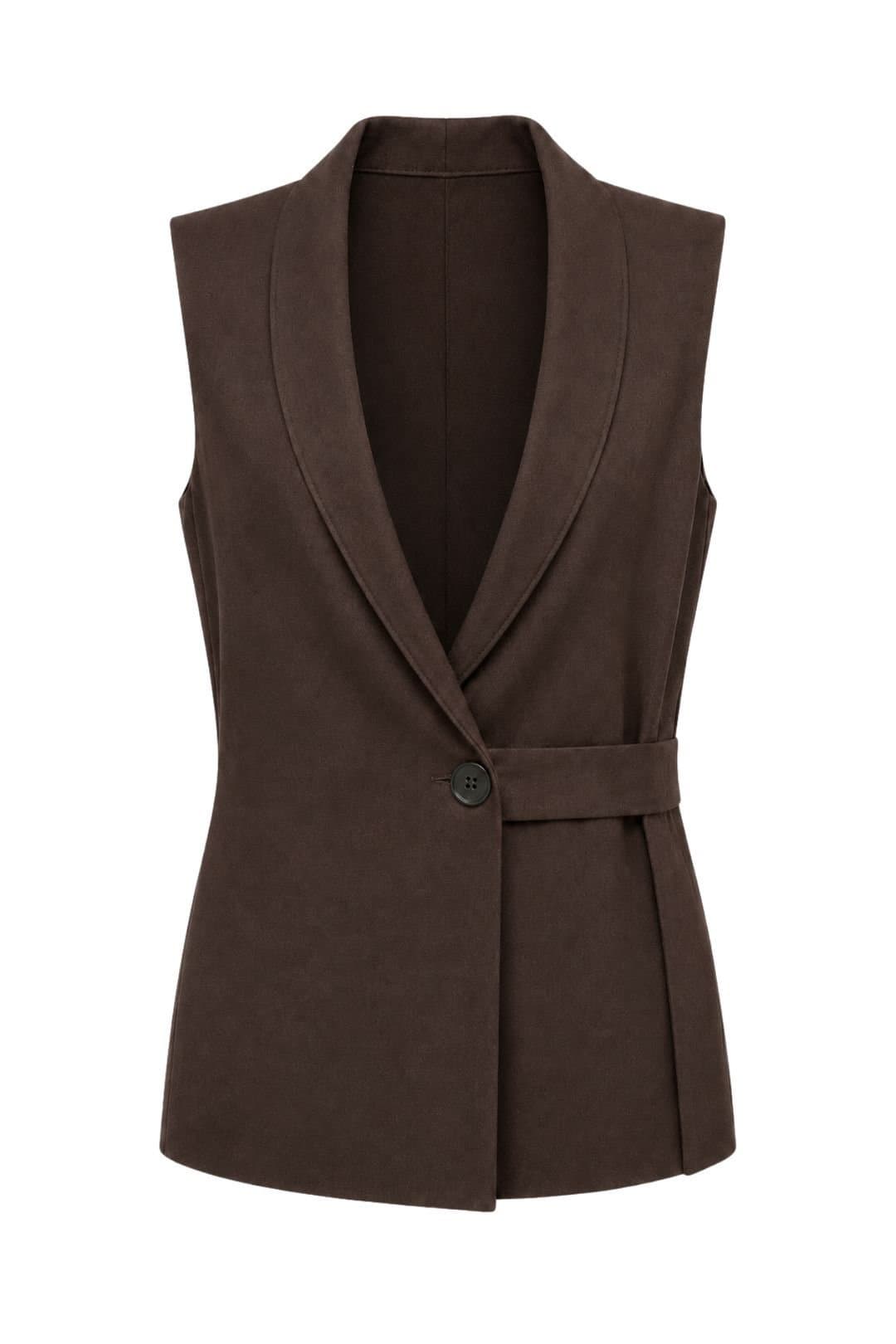 MixRay MixRay Women's Belted Cotton-linen Waistcoat in Chocolate