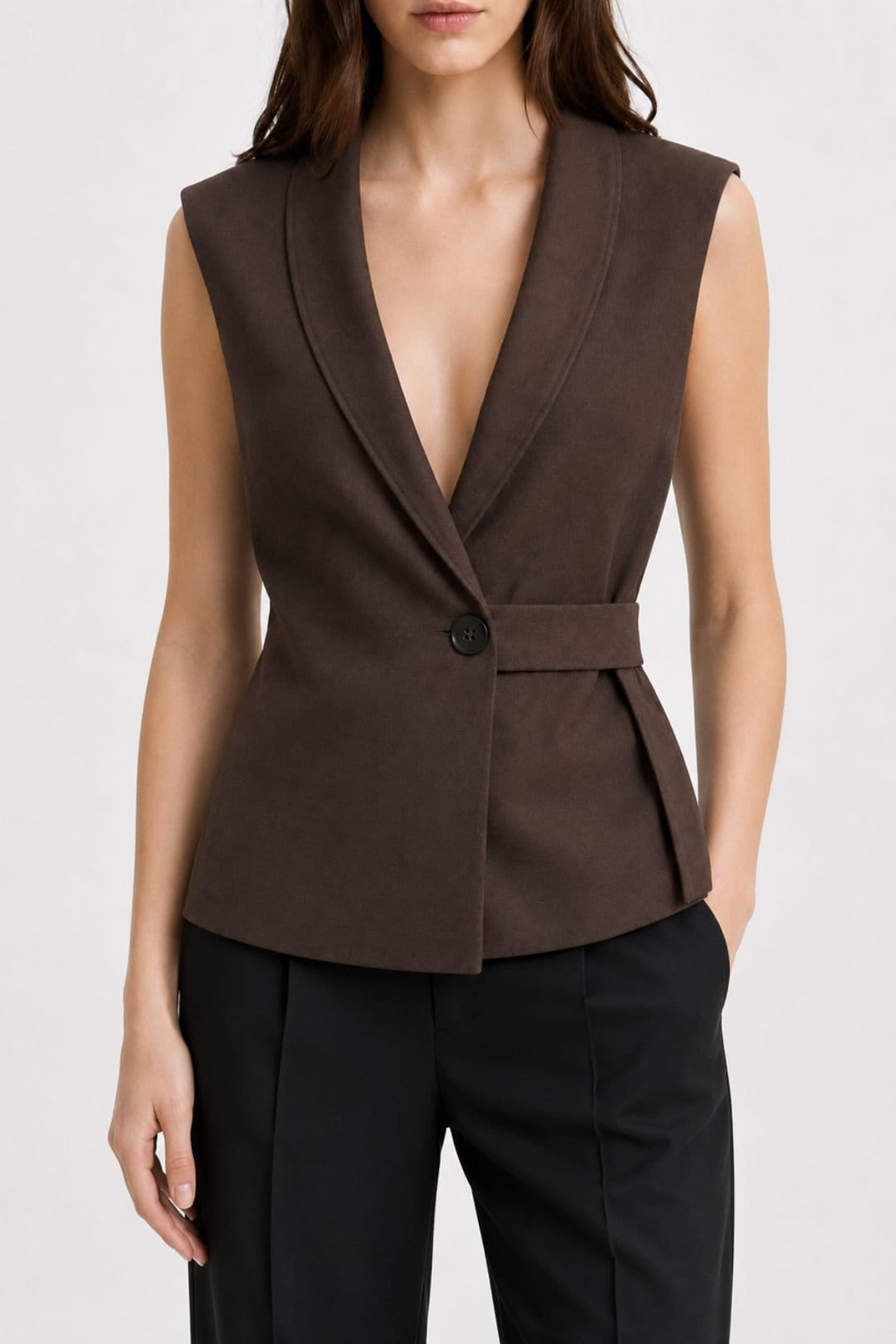 MixRay MixRay Women's Belted Cotton-linen Waistcoat in Chocolate - 4