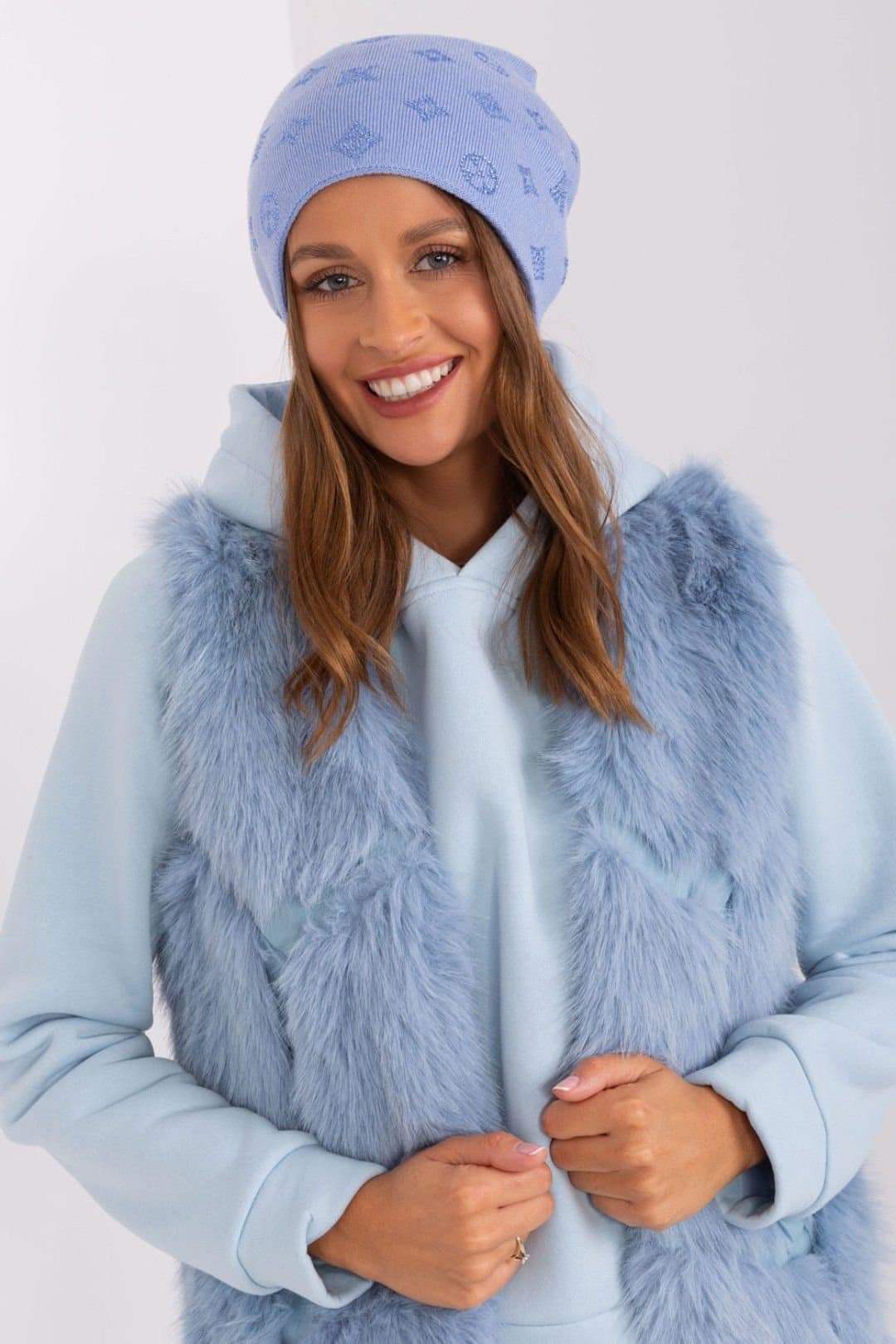 Love Lace Love Lace Blue Cashmere Beanie Hat with Rhinestone Trim