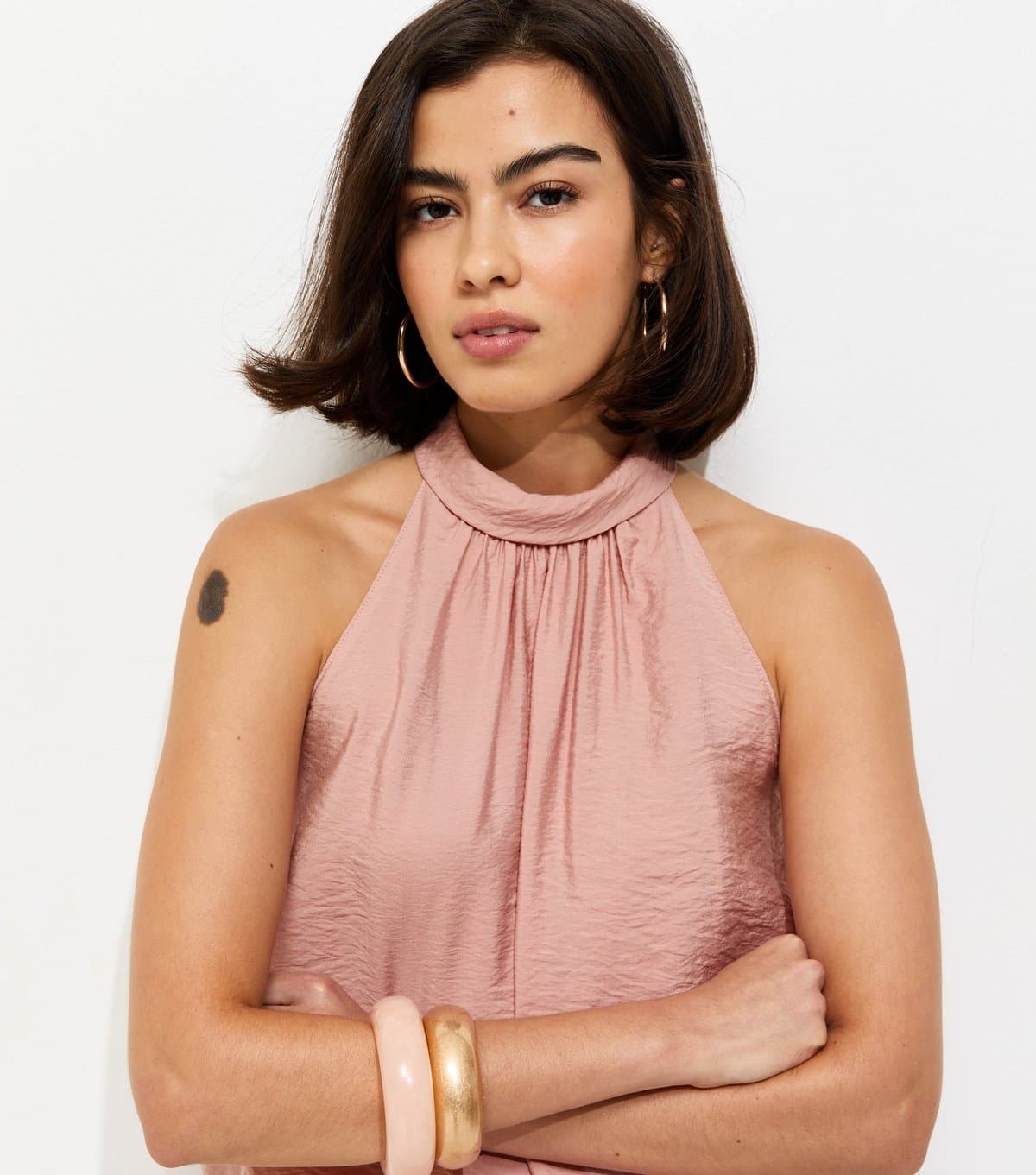 New Look Women's Pink Bubble Hem Neck Tie Top New Look